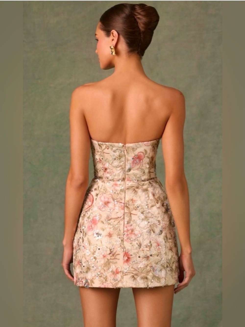 Oh Polly "Dahlia" Beige Floral Embellished Strapless A-line Mini Dress - Picture 2 of 6